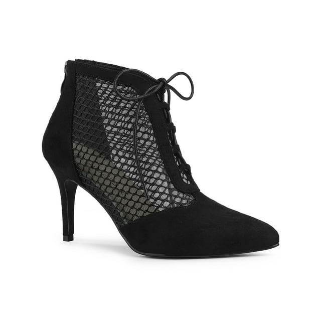 Unique Bargains Women's Mesh Lace Up Stiletto Heel Ankle Boots