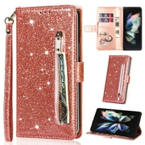 K-Lion for Samsung Galaxy A14 5G Glitter Wallet Case, Bling Sparkly PU Leather Zipper Flip Shockproof Protective Case Card Slots Kickstand Full Phone Cover with Strap for Women Girls,Rosegold