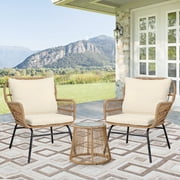 NICESOUL 3 Pcs Boho Outdoor Bistro Chair Sets with Coffee Table, Wicker Patio Furniture Cream