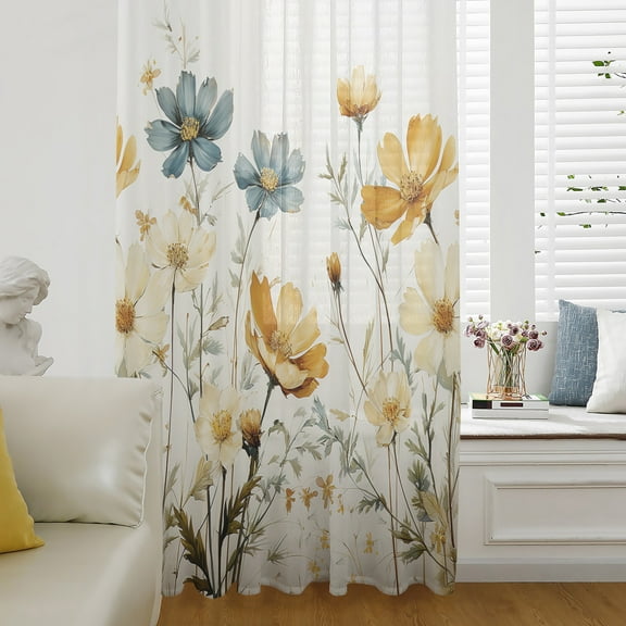 Yellow Blue Spring Floral Semi Sheer Curtains Drapes for Living Room, Bedroom, French Doors Window 45 Inches Long, Watercolor Summer Botanical Rod Pocket Chiffon Curtain Drapery Voile Drape Panel