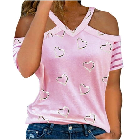 

Crop Tops for Women Tunic Tops Women s Heart Prints Stripe Cuff Tops V-Neck Short Sleeve Fashion Blouses Cap Sleeve Tops Womens Workout Tops Summer Savings Black Shirts for Women Pink S