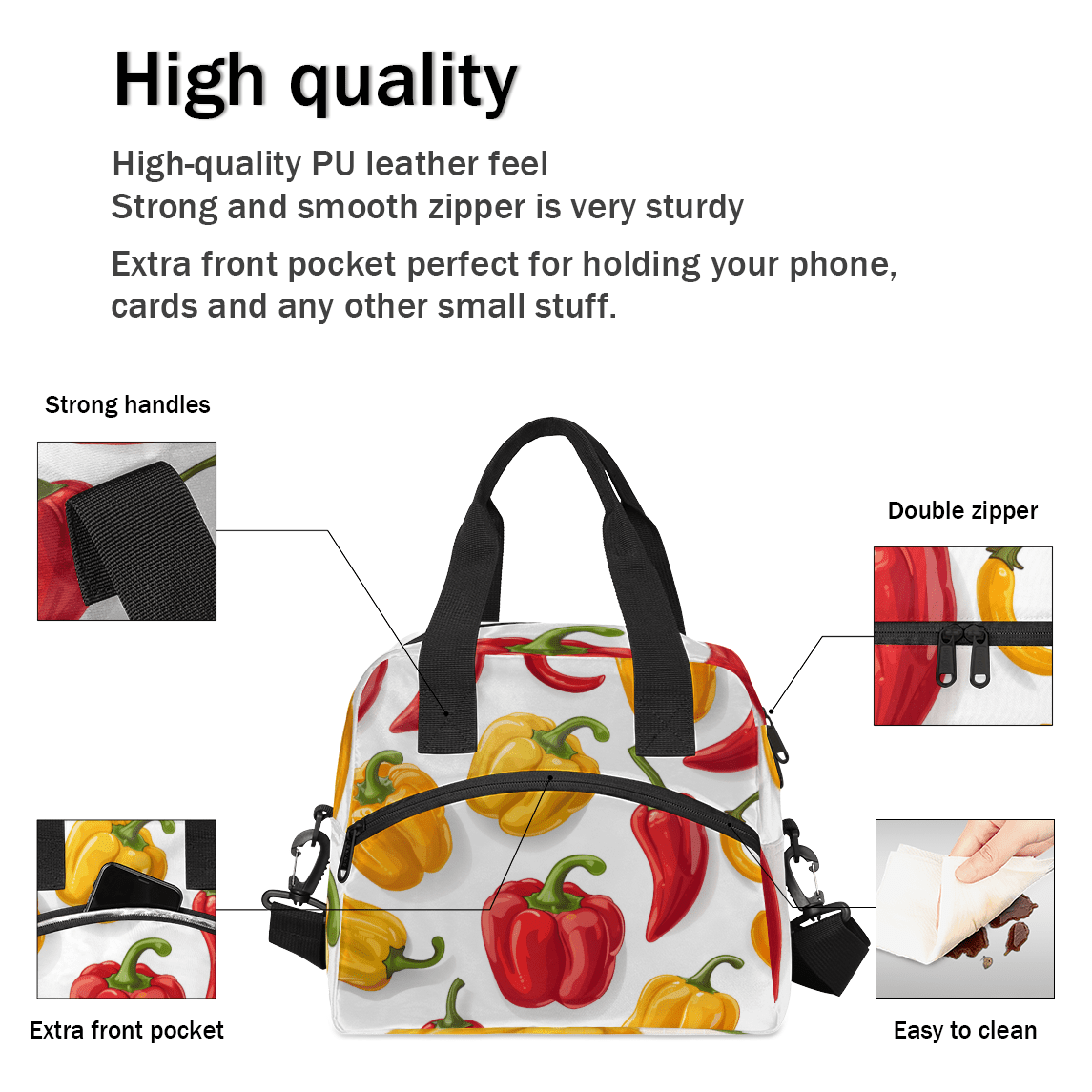 Herdesigns Chili Peppers Insulated Lunch Bag for Women Men Adults Large Reusable Lunch Box Colorful Leakproof Cooler Tote Bags with Adjustable Shoulder Strap