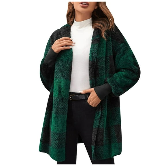 QSAWXQZ Women's Buffalo Plaid Coat Hooded Fleece Long Sleeve Warm Open Front Cardigan Jacket Olive Green 4XL