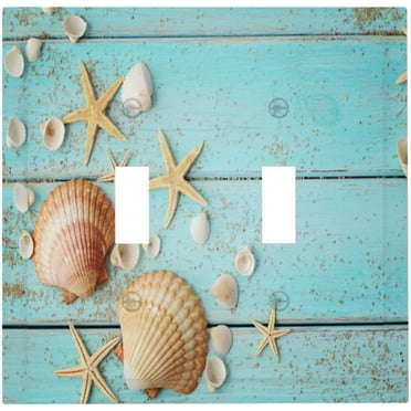 Decorative 2 Gang Light Switch Covers Starfish Seashells Blue Board Double Toggle Wall Plate Dual Decorative Switchplate Electrical Faceplate For Farmhouse Decor