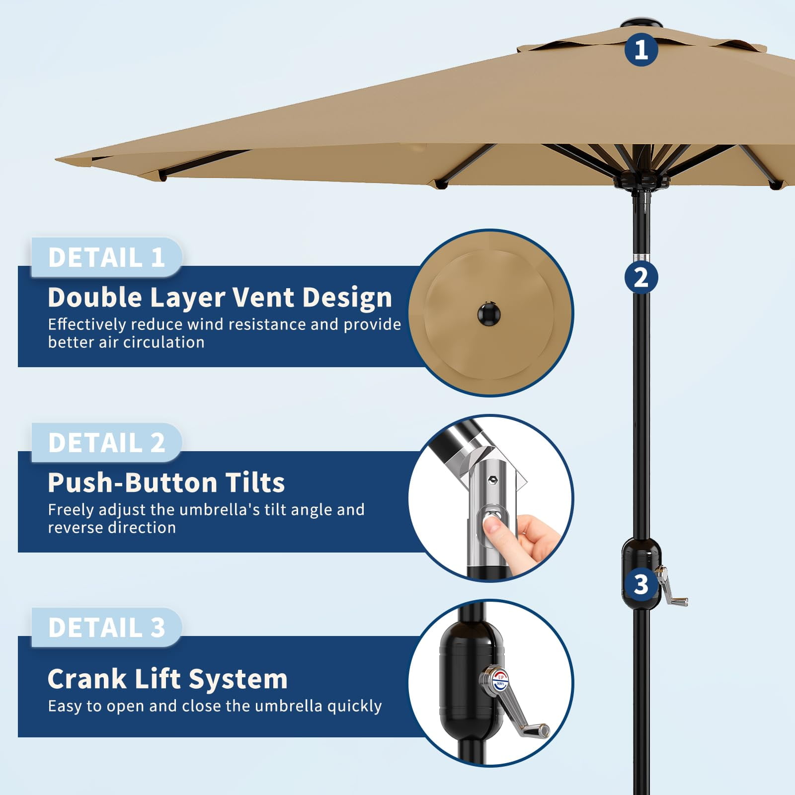 Shininglove Outdoor Market Patio Umbrella w/Crank – 10 Ft Large Tilt Umbrella for Deck, Garden, Pool – UV & Water-Resistant, Wind Vent, Push-Button Tilt