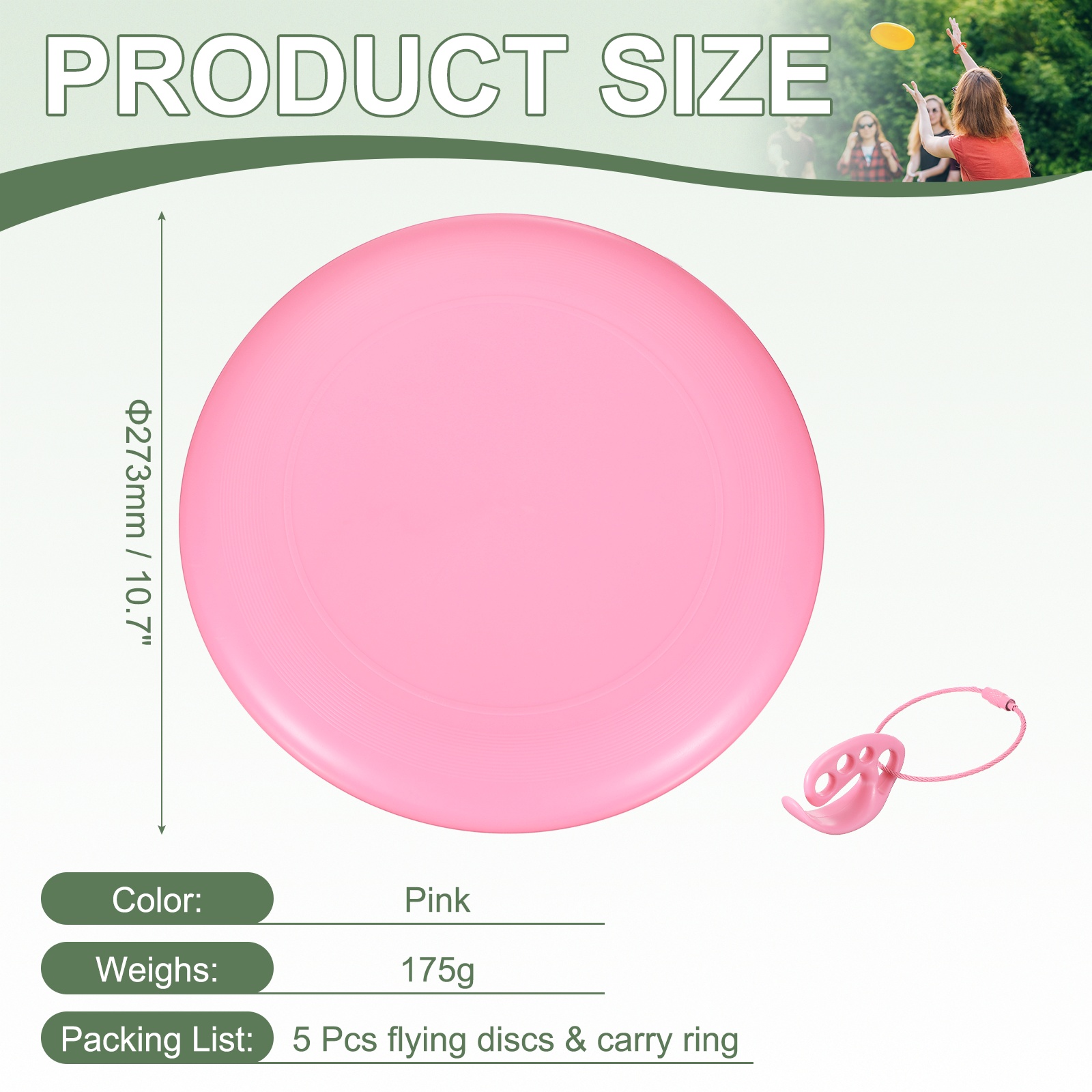 Flying Disc, Sports Flying Disc 10.7 inch & 175g & 5 Pack & Plastic & Pink with Carry Ring - Fitting for (Outdoor/Beach/Camping/Park/Pet/Pro/Beginners)