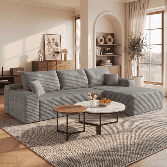 CKEASEAN 107" Oversized Boneless Couch with Right L-Shape Chaise, Modern Modular Sectional Sofa with Deep Seat, No Assembly Required, Cloud Sectional Couch, Corduroy Fabric