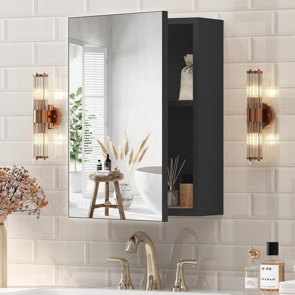 Bathroom Medicine Cabinet with Mirror and Shelves, Recessed Medicine Cabinet with Storage Function, Bathroom Vanity Mirror for Wall, Hanging Storage Cabinet, Mirrored Cabinets for Bath (Black)