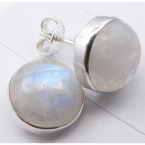 SilverStarJewel 925 Sterling Silver Blue Fire Rainbow Moonstone Charming Studs Earrings 1.3 CM