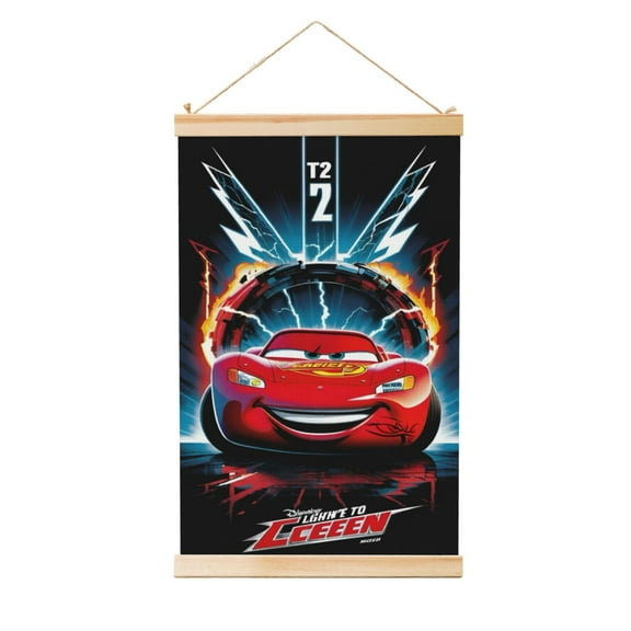 Wall Hanging Poster Lightning McQueen Canvas Artwork With Wooden Frame Scroll Painting 12"x18"