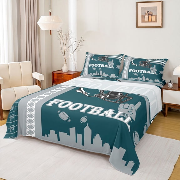 Homewish Rugby Gamer Twin Sheet Sets,Football Sport City Twin Fitted Sheet,Green Gray Flat Sheet For Teens,Super Cozy Room Decor,3 Pieces