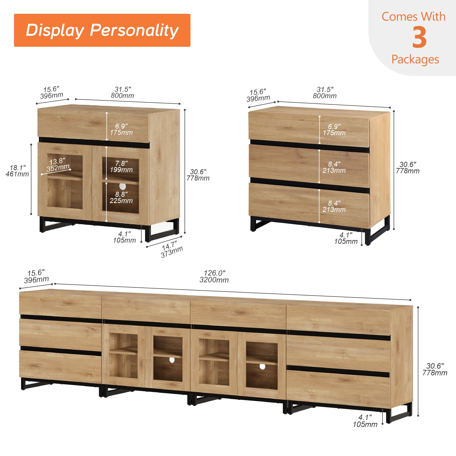 Modern Dresser with Tempered Glass Doors, 8 Drawers Storage Chest with Adjustable Shelves, 4 In 1 Household Closet Organizer for Bedroom Living Room,Oak