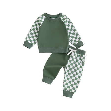 

Suealasg Toddler Baby Boy Clothes Long Sleeve Checkerboard Print Sweatshirt Long Pants 2Pcs Infant Boy Fall Winter Outfits