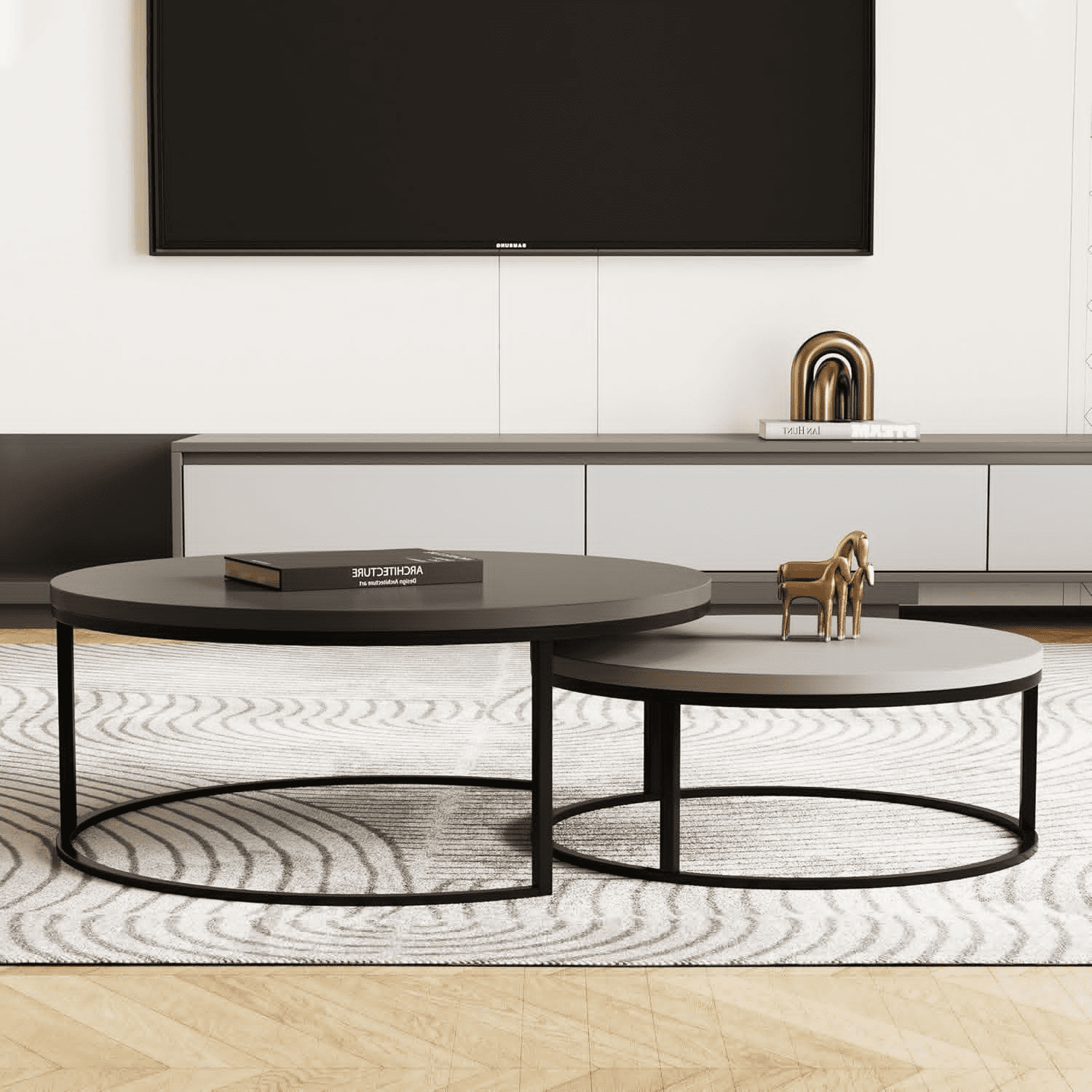 NessCarsti Modern Round Coffee Table Set, Black Metal Legs, Gray Finish, 31.5/23.7"