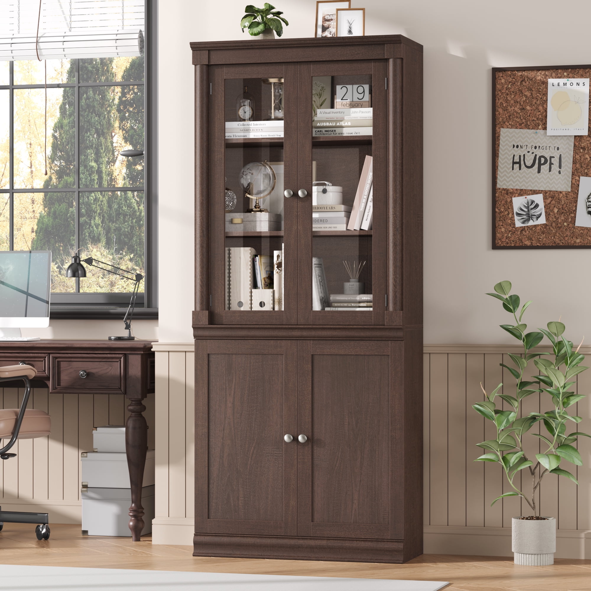 Homfa 71"H Bookcase with Glass Doors, 5 Tier Storage Bookshelf with Adjustable Shelf for Study Home Office,Reddish-Brown