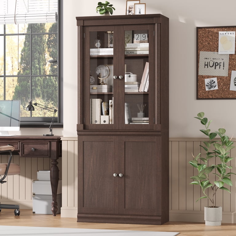 Homfa 71" Bookcase with Glass Doors, 5-Tier, Reddish-Brown photo 1