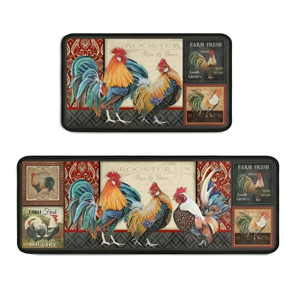 LAMIRO Rooster Kitchen Rug 2 Piece Set, Farmhouse Chicken Kitchen Mat, Home Decor Kitchen Sink Rugs and Mats Non Skid Washable Absorbent Microfiber Kitchen Floor Carpet 17" x 47" 17" x 30"