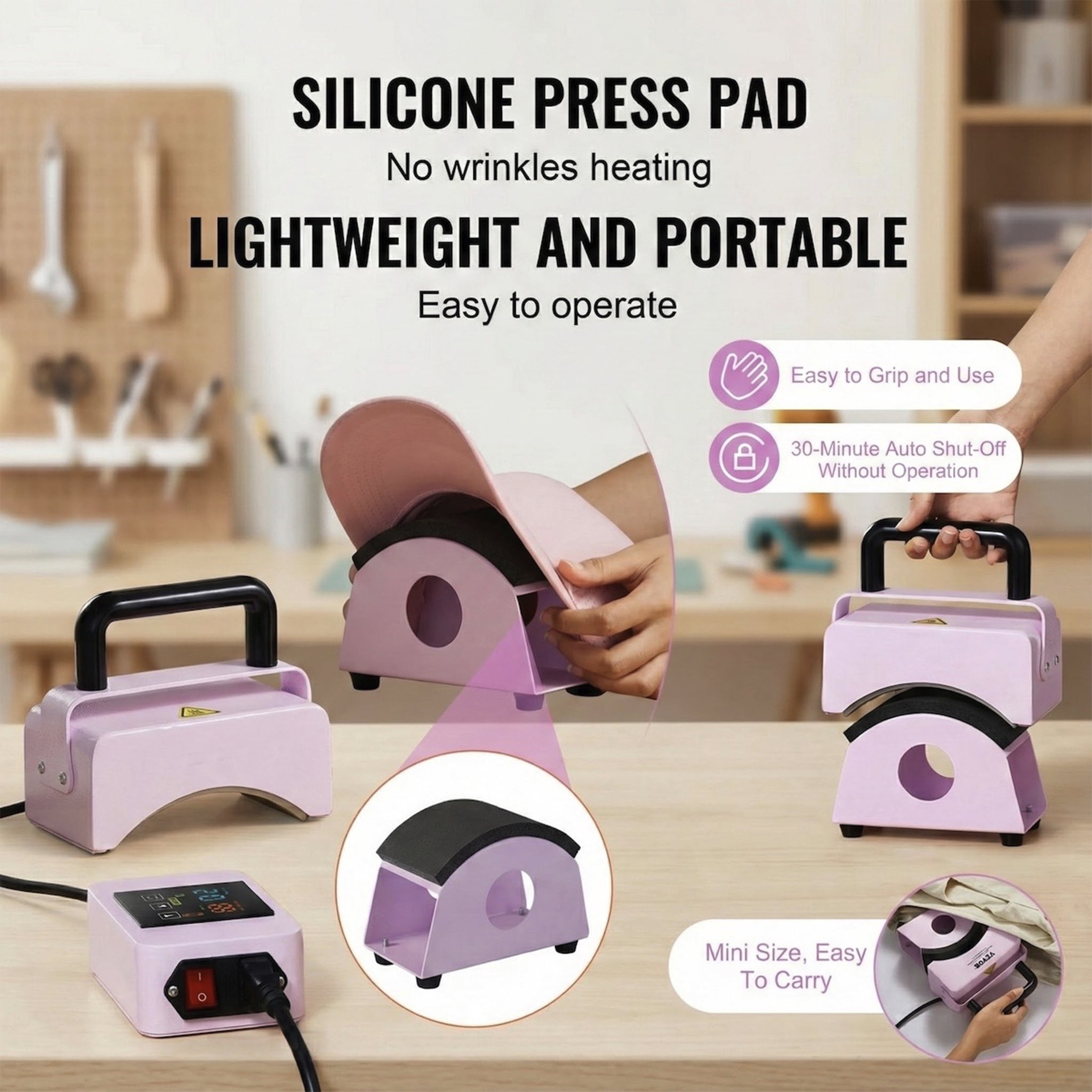 Mini Cap Heat Press, 5.9 x 3.15 Inch Curved Plate, Digital Control, 104‑401°F, Auto Shut‑Off, with Safety Base & Glove (Purple)