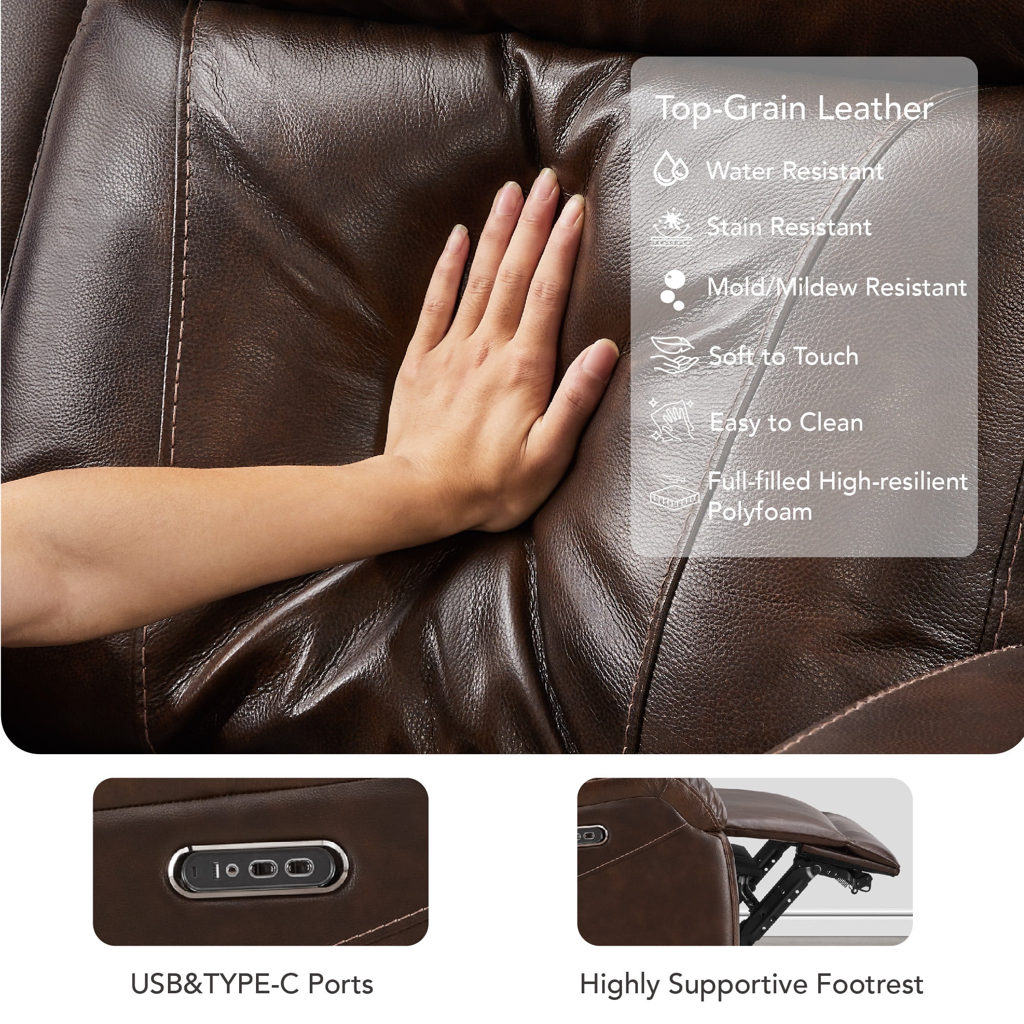 Spruce & Spring Genuine Leather Wall Hugger Power Recliner with Dual Motors, Brown-Medium