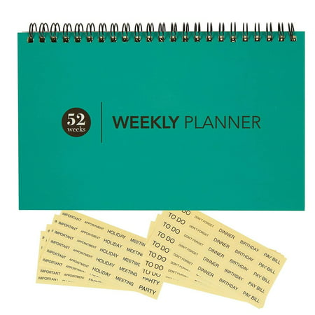Blank Weekly Calendar Planner - For Home & Office - Undated Wire Bound Desk Pad Planner - 52 Weeks - Teal Blue - Includes Clear Reminder Stickers - 8 x 5