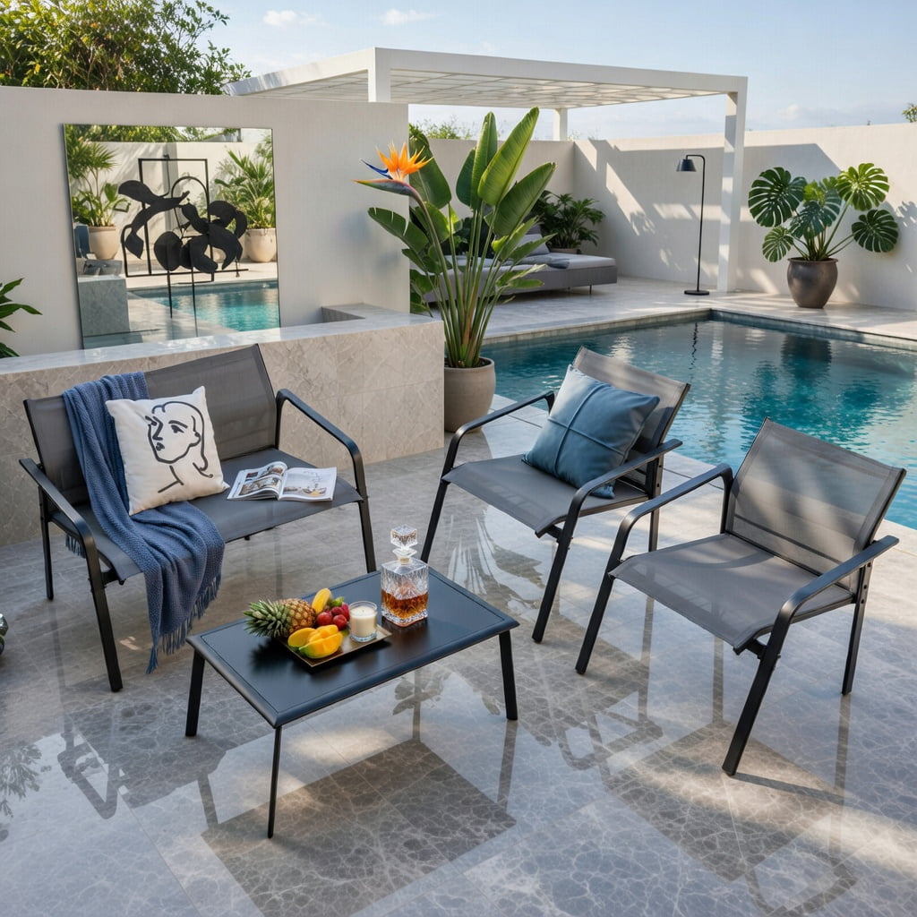 Hommoo 4-Piece Modern Outdoor Patio Furniture Set, Steel Frame with Tempered Glass Table, Loveseat & 2 Armchairs for Deck, Balcony or Backyard, Gray
