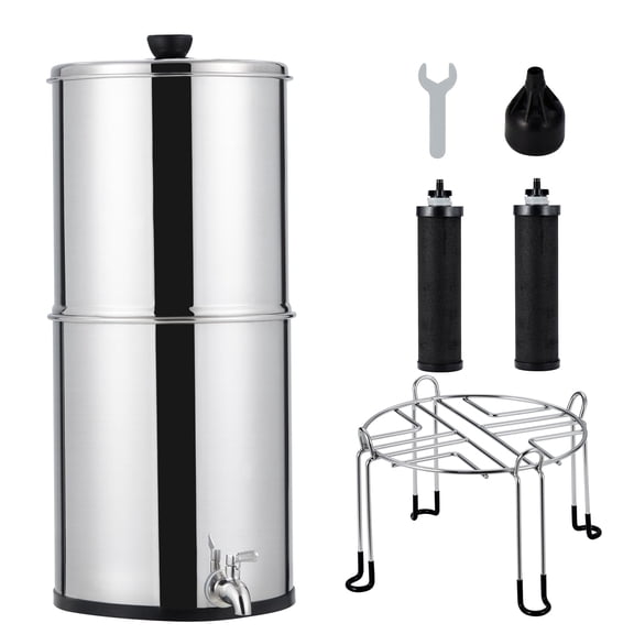 Towallmark 2.25G Gravity-Fed Water Filter System, 304 Stainless Steel Countertop Filtration System, with 2 Black Carbon Filters & Metal Spigot & Stand for Home, Camping, RVing, Off-Grid
