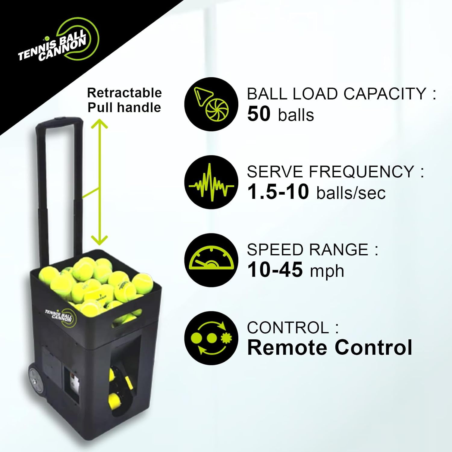 Tennis Ball Cannon Portable Tennis Ball Machine (Only Weighs 22lbs) - Dual Motor for Top Spin and Backspin, 50+ Balls, Max 45MPH, 4+ Hours Play with Rechargeable Lithium Battery