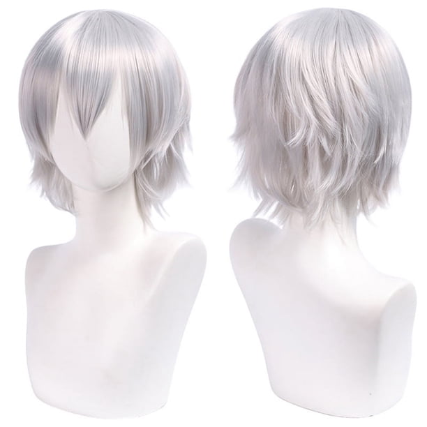 Zhuge Peluca de pelo corto unisex de anime, peluca de anime para cosplay, pelucas sintéticas resistentes al calor para fiesta de disfraces con flequillo, color blanco plateado