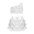 thumbnail image 3 of Kids Girls 2 Piece Dance Outfits Sets Sequin One Shoulder Crop Top with Skirt Jazz Latin Ballroom Costume White 4-5Years, 3 of 6