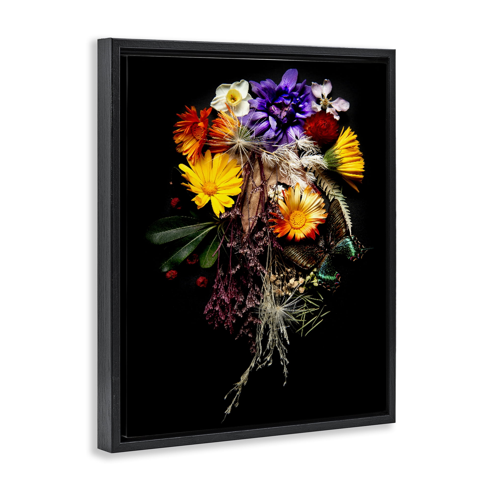 Stupell Industries Butterfly Adorned Arrangement Black Framed Floater Canvas Wall Art, design by Carl Kravats