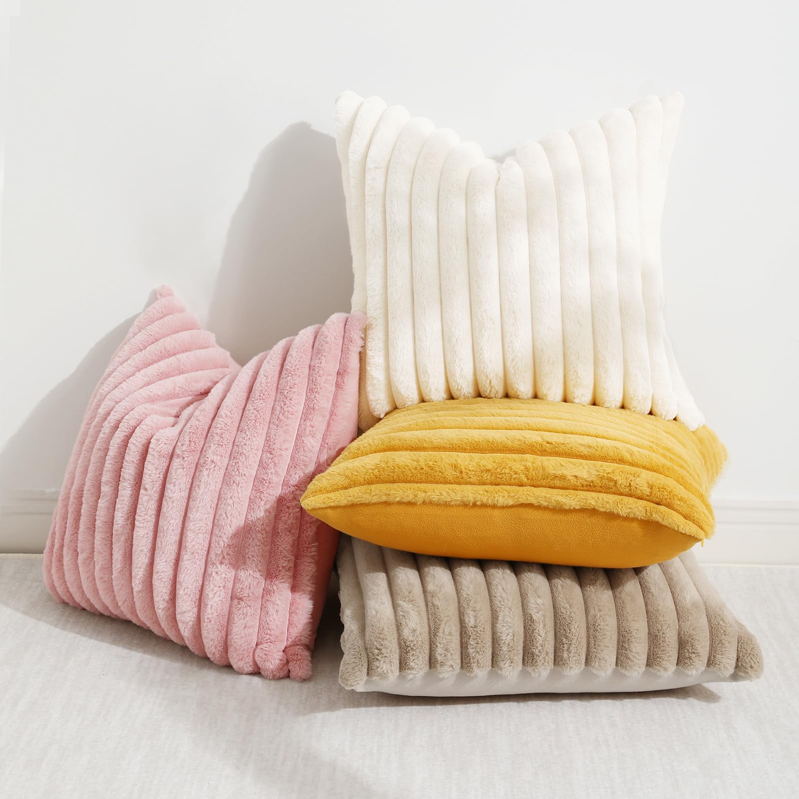 decorUhome Pack of 2 Faux Fur Plush Throw Pillow Covers 20x20, Soft Fluffy Striped Decorative Couch Pillow Covers , Cream White
