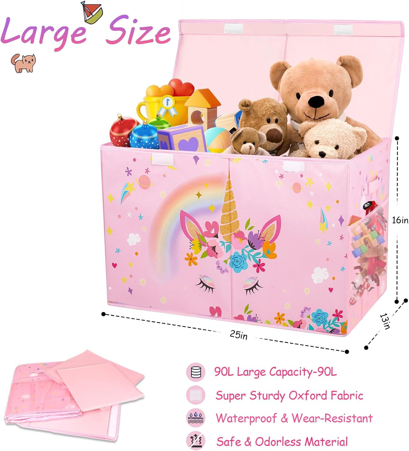 Large Toy Box, Collapsible Sturdy Kids Storage Organizer for Boys Girls, 25"x13"x16" Storage Box with Lids, Toy Chest Bins Basket for Living Room, Playroom, Nursery, Pink