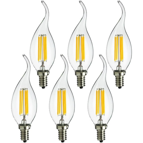 Diodesy- Pack of 6 CFC/LED/FS/4W/E12/D/CL/18K E12 LED Candelabra Bulbs, Dimmable, 4W (40W Equivalent), Vintage Chandelier Candle Light Bulb, 1800K Candlelight, Edison Bulbs for Ceiling Fan, ETL Listed