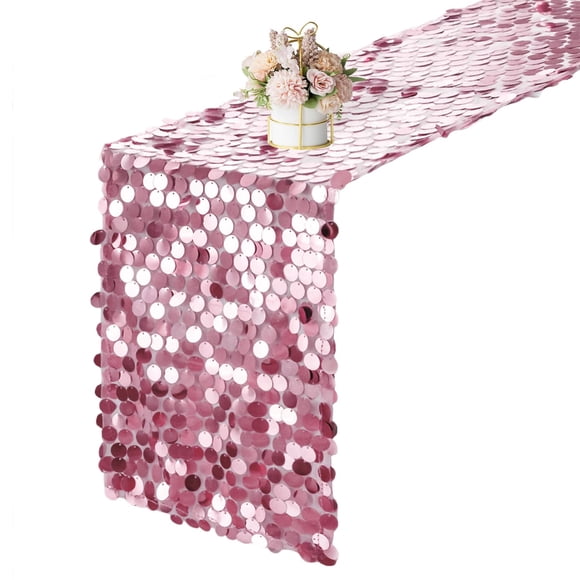 Camino de mesa Yblut 30 x 274 cm con purpurina rosa con lentejuelas grandes