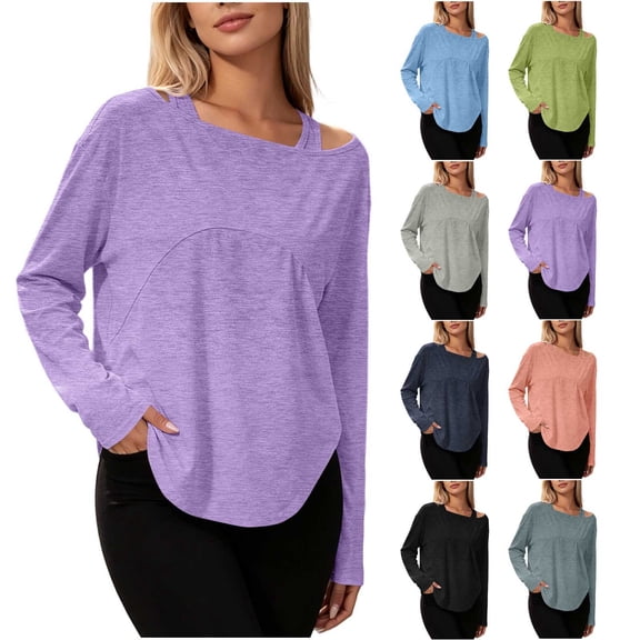 Loopsun Womens Long Sleeve Fall Tops Fashion Solid Off Shoulder Crew Neck Sports Casual T Shirt