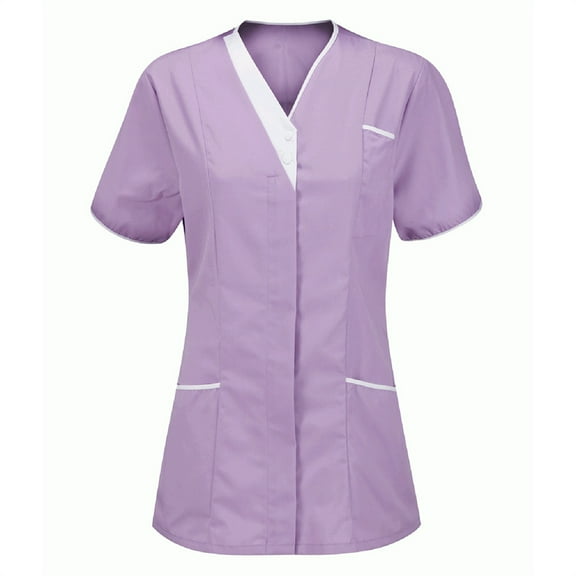 QLEICOM Scrubs Tops for Women, Plus Size V-Neck Scrubs Short Sleeve Casual Loose Solid Color Blouse Tops, Shirring Tunic Uniform Workwear with Two Pocket, Scrub Tops S-3XL