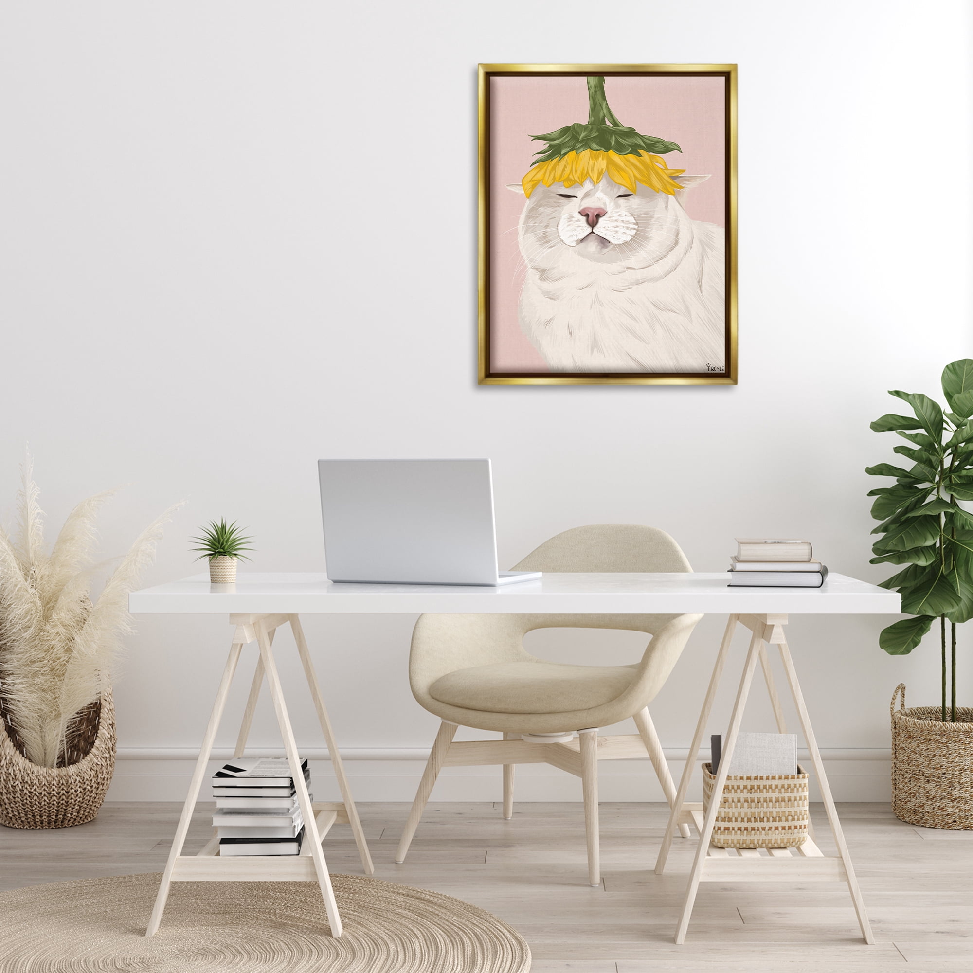 Stupell Industries Cat with Daisy on Head Animals & Insects Painting Gold Floater Framed Canvas Art Print Wall Art, 25 x 31