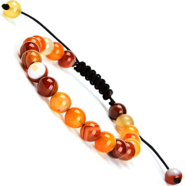 Natural Healing Power Gemstone Crystal Beads Unisex Adjustable Macrame Bracelets 8mm,Amber Agate