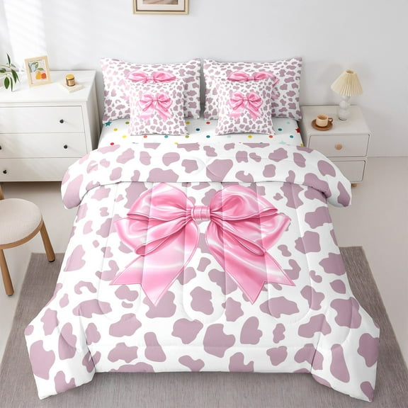 Homewish Kawaii Princess Ribbon Twin Bedding Sets 7-Piece for Girls, Fashion Thistle Leopard Print Bedding Comforter Set, Cute Cartoon Reversible Sheet Sets, Luxury Bedroom Decor