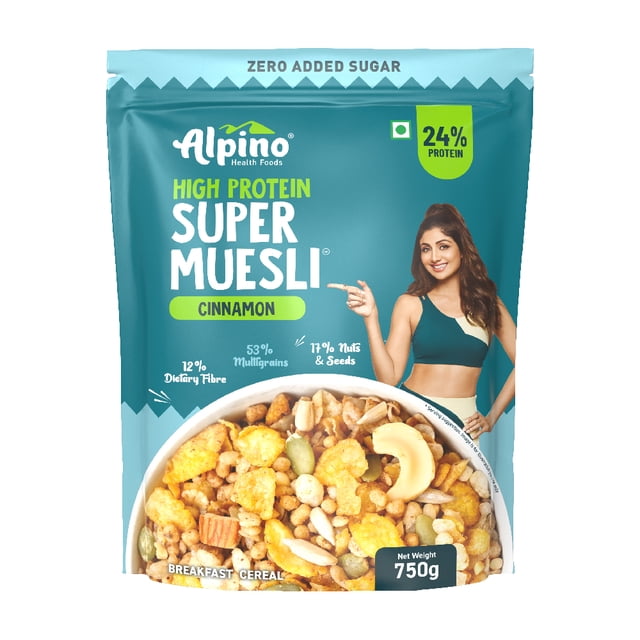 Alpino High Protein Super Muesli Cinnamon 750g – No Added Sugar | 24% Protein | 53% Multigrain | 17% Nuts & Seeds | Crunchy Multigrain Cereal | Pouch