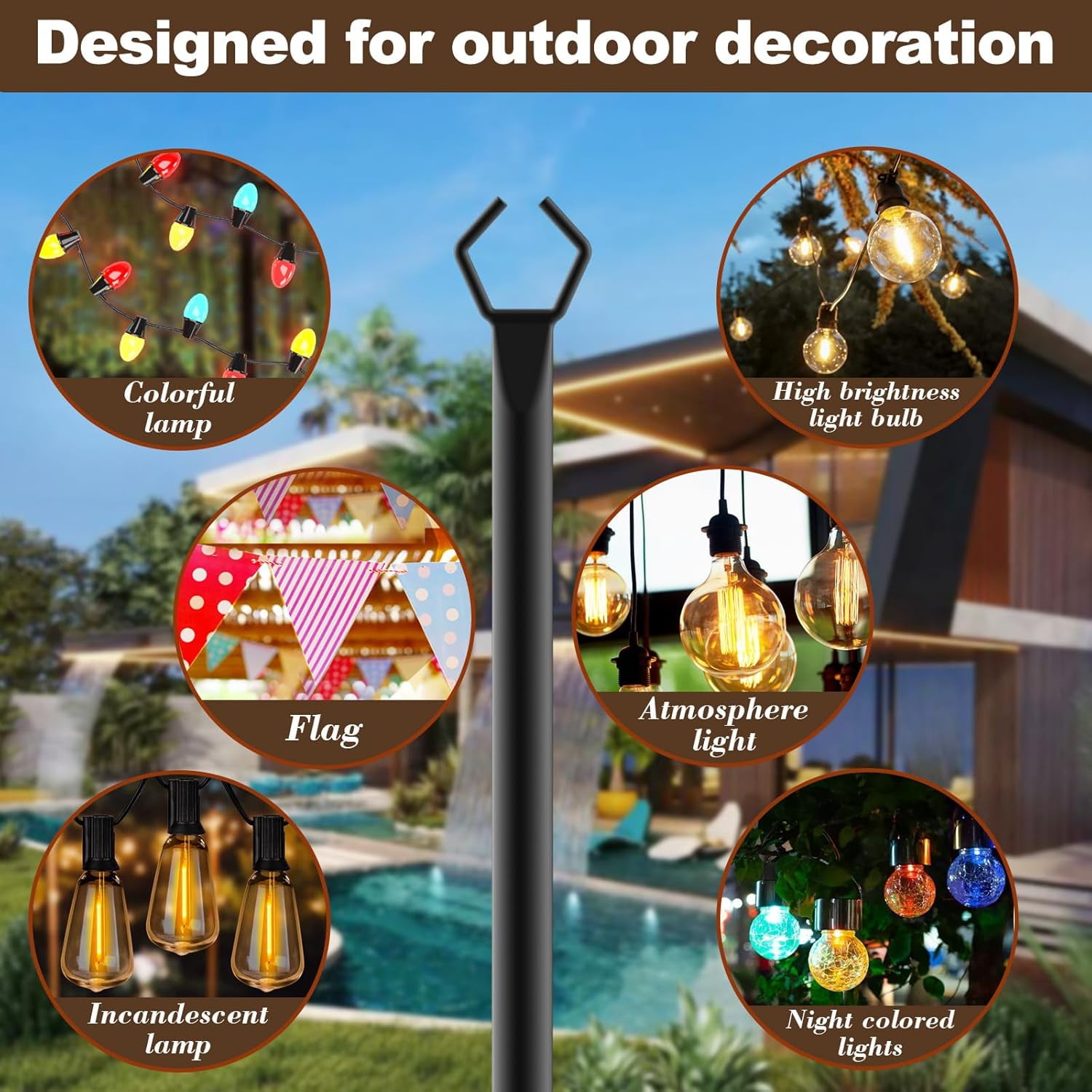 WIXOLBOR 10Ft String Light Poles 4 Pack,Light Poles for Outside Lights,Outdoor with Fence Brackets Hanging Lights,Metal Stand Deck Patio Backyard