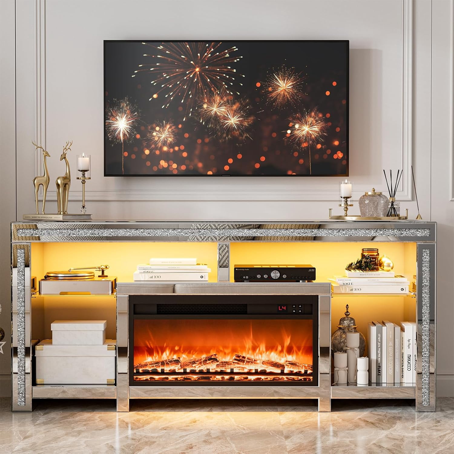 ARICOEASY Mirrored Fireplace TV Stand for 75+ inch TVs, Mirrored TV Stand with Crushed Diamond & LED Light, Silver Entertainment Center with Fireplace & Adjustable Shelves for Living Room