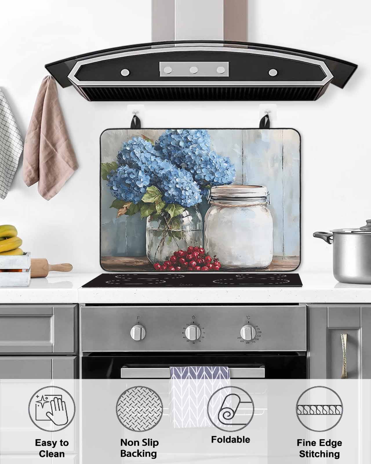 nqOlkjepod Large Induction Cooktop Protector Mat 24"x21", Blue Flower Stove Top Covers for Electric Stove, Modern Graffiti Paint Art Farmhouse Wood Grain Stove Burner Cover Mats Stove Cover