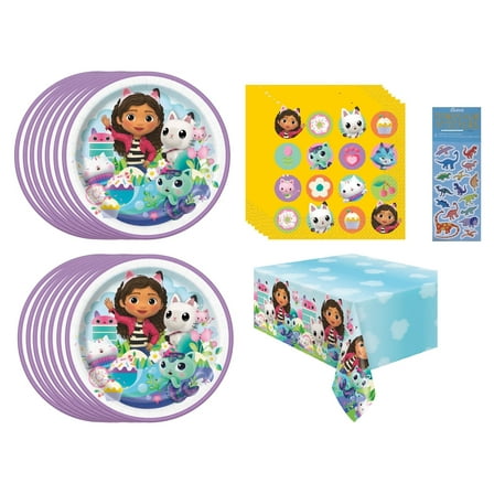 Gabby's Dollhouse Birthday Party Supplies Bundle Pack includes 16 Lunch Paper Plates, 16 Napkins, 1 Plastic Table Cover (Bundle for 16)