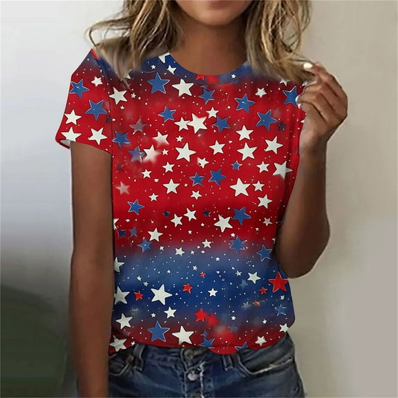 Cavosen Independence Day Shirts Women Petite 4th of July Short Sleeve Round Neck Shirts USA Star Striped Print Shirts Lady XL Red White and Blue Casual Tops Patriotic Tunic Tees Patriotic Blouses