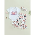 thumbnail image 2 of Bagilaanoe 4th of July Clothes for Newborn Baby Girls Letters Print Short Sleeve Romper Tops + Flare Trousers + Headband 3M 6M 12M 18M Kids Independence Day Outfits 2pcs Long Pants Set, 2 of 7