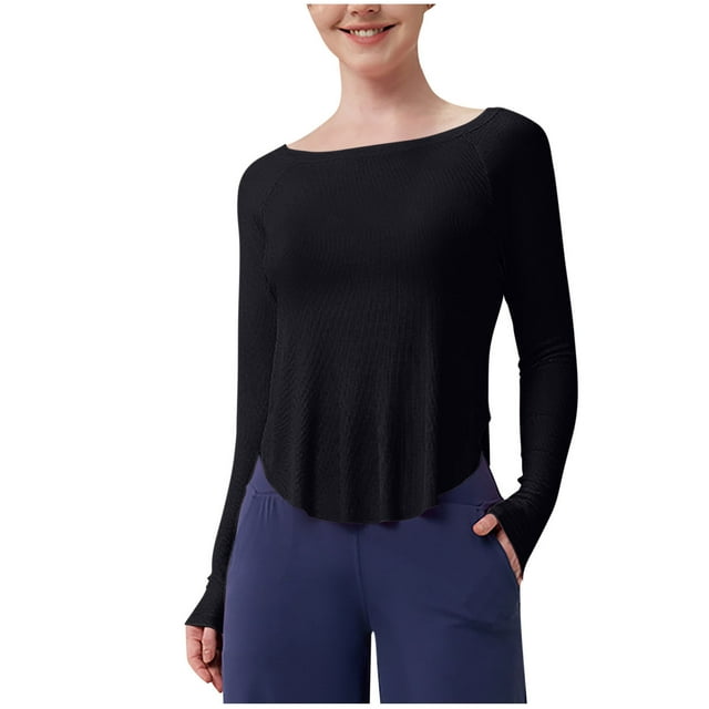 Timegard Hauts d'Entraînement pour Femmes Col Rond Manches Longues Hauts Courts T-Shirts de Course Athlétiques Irréguliers
