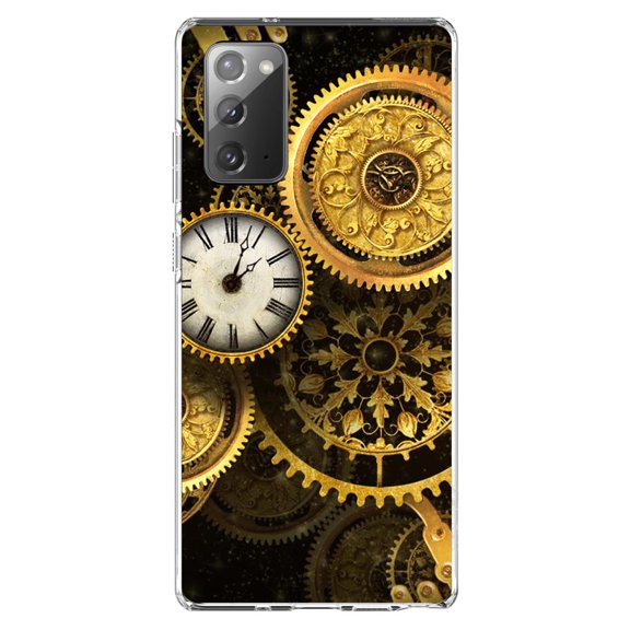 DistinctInk Clear Shockproof Hybrid Case for Galaxy Note 20 ULTRA (6.9" Screen) - TPU Bumper, Acrylic Back, Tempered Glass Screen Protector - Clocks Clockwork Gold