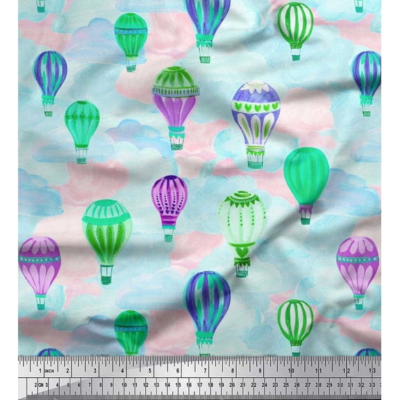 Soimoi Viscose Chiffon Fabric Cloud & Hot Air Balloon Holiday Print Sewing Fabric Yard 42 Inch Wide