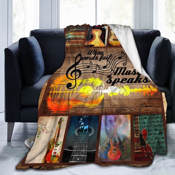 Couverture Note de Musique Vintage Guitare Couverture Jetée Imprimé Musique Rétro Couverture en Peluche Polaire Douce Chaude Confortable Flanelle pour Canapé Lit Sofa Cadeau pour Enfants Adolescents Adultes 80"x60 Pouces